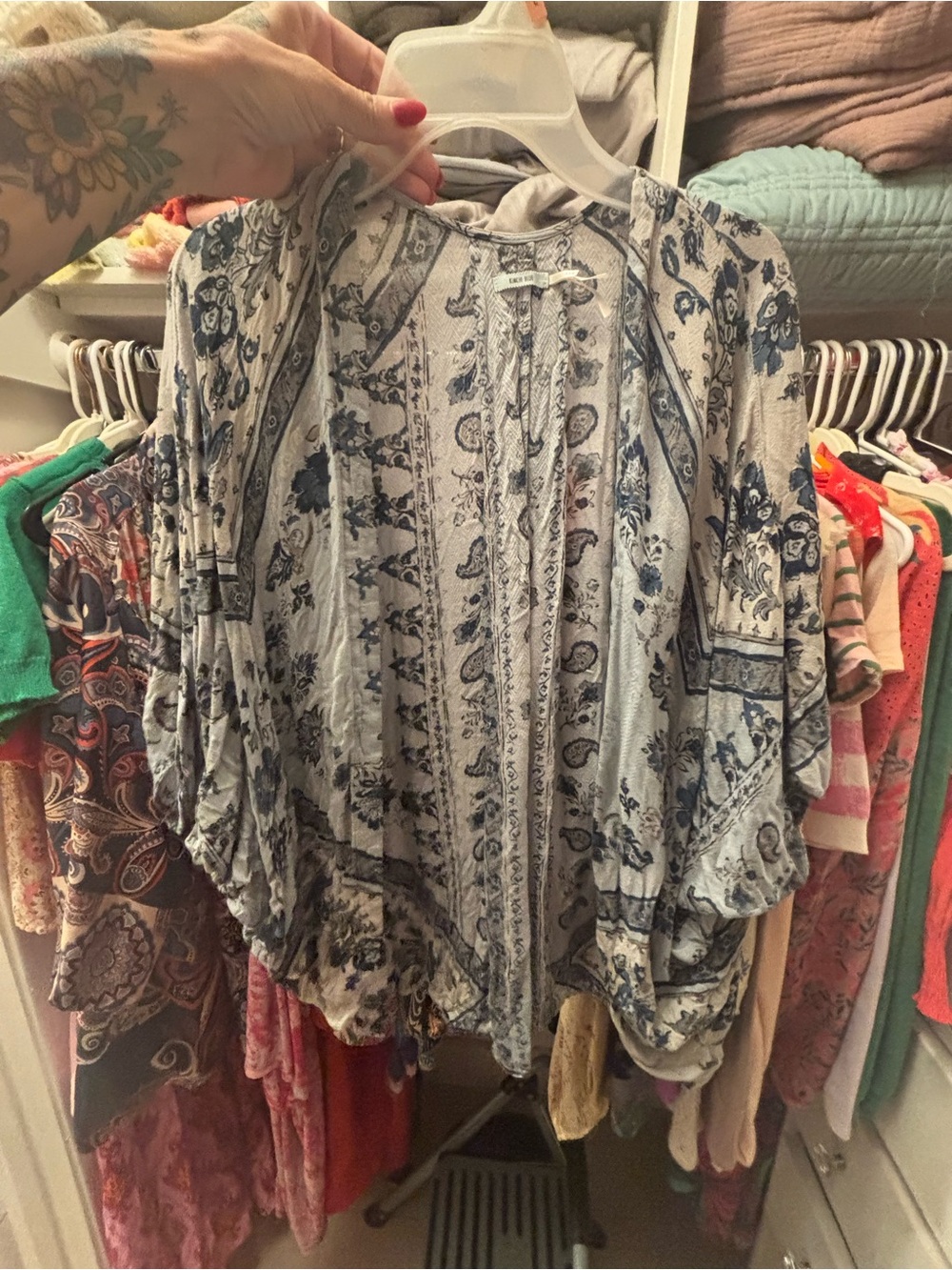 Kimchi Blue Blue and White Paisley Open-Front Tunic
